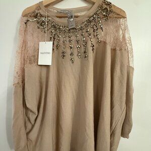 Pale Pink Valentino Jeweled Lace Wool Silk Cashmere Top Size M NWT